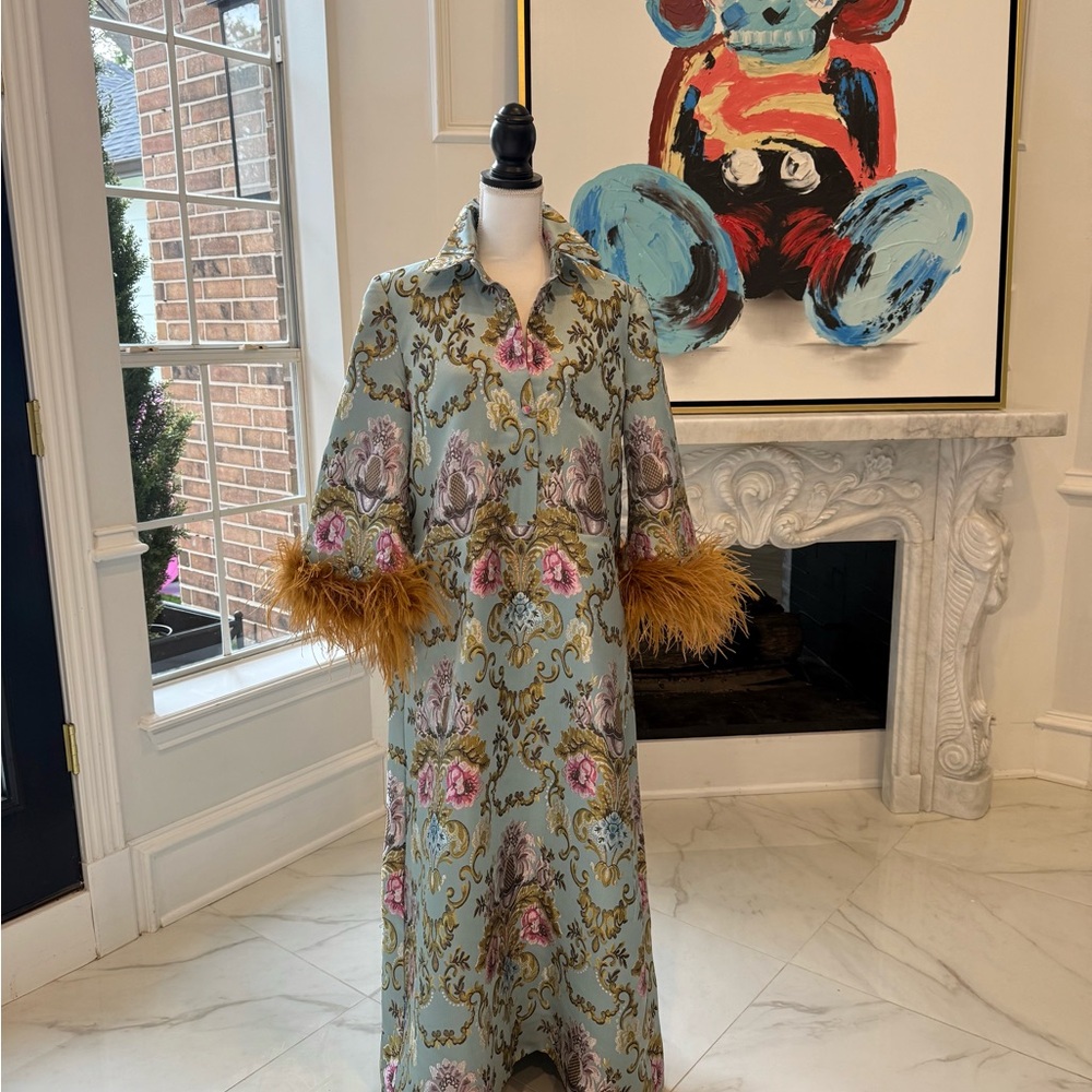 Floral Maxi Dress with Feather Cuffs Kaftan